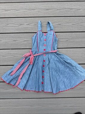 Blue Chambray Girls Sundress with Red Trim and Gingham Tie